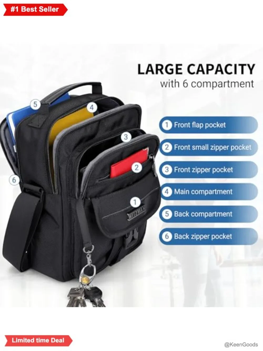 WITZMAN Nylon Crossbody Messenger Bag Small Travel Multi-Pocket